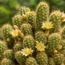 Mammillaire doré (Mammillaria elongata) — cactus en touffes cylindriques avec petites fleurs pâles · Photo d'illustration