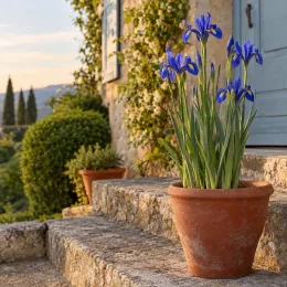 Iris de hollande 'Blue magic' (Iris × hollandica) — iris bleus en pot sur marches en pierre · Photo d'illustration