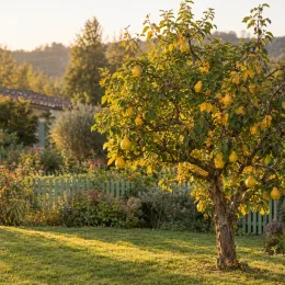 Cognassier ba29 'Provence ba29' (Cydonia oblonga) — arbre fruitier chargé de gros fruits jaunes · Photo d'illustration