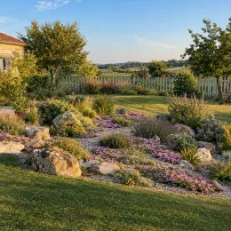 Pourpier vivace 'Of desert rosequartz' (Delosperma) — massif rocailleux fleuri devant une maison de campagne · Photo d'illustration