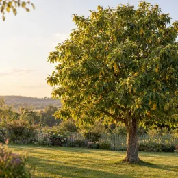 Châtaigner 'Precoce migoule' (Castanea sativa) — grand arbre isolé dans un jardin fleuri · Photo d'illustration