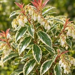 Andromède du japon 'Flaming silver' (Pieris japonica) — feuillage panaché avec grappes de clochettes blanches · Photo d'illustration