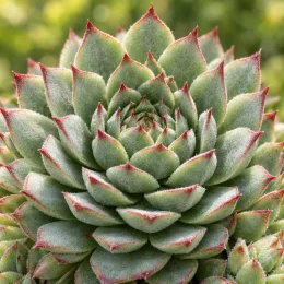 Joubarbe 'Summer frost' (Sempervivum) — rosette de feuilles succulentes vertes aux pointes rouges