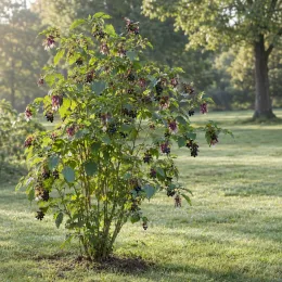 Arbre aux faisans (Leycesteria formosa) — grand arbuste fruité isolé sur pelouse ensoleillée · Photo d'illustration