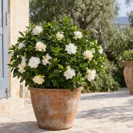 Gardenia rustique à fleurs doubles 'Grandiflora' (Gardenia jasminoides) — arbuste dense en pot avec fleurs blanches · Photo d'illustration