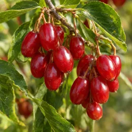 Cornouiller mâle à gros fruits 'Golden glory' (Cornus mas) — gros plan sur grappes de fruits rouges brillants · Photo d'illustration