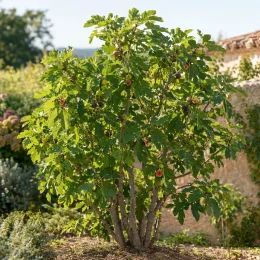 Figuier 'Lattay' (Ficus carica) — arbuste bien développé avec fruits dans un jardin