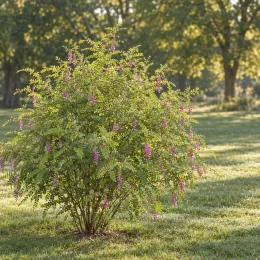 Indigotier rose 'Gerardiana' (Indigofera heterantha) — arbuste fleuri isolé dans une pelouse · Photo d'illustration