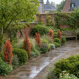 Épine-vinette de thunberg 'Orange rocket' (Berberis thunbergii) — massif d’arbustes colorés le long d’une allée · Photo d'illustration