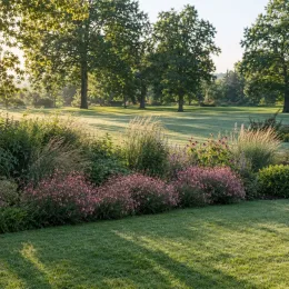 Gaura 'Geyser pink' (Gaura lindheimeri) — massif de fleurs roses bordant une pelouse · Photo d'illustration