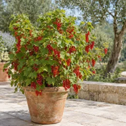 Groseillier à grappes rouges 'Monthou sur cher' (Ribes rubrum) — arbuste fruitier en pot sur terrasse ensoleillée · Photo d'illustration