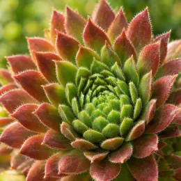 Joubarbe à rosette vert orangé 'Cinnamon starburst' (Sempervivum) — gros plan de rosette charnue verte et rouge · Photo d'illustration