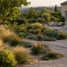 Kniphofia 'Poco® sunset' — massif de vivaces et graminées dans jardin sec