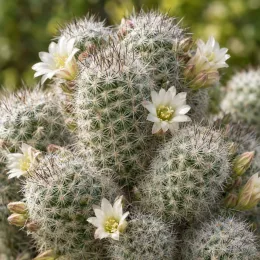 Mammillaire blanc 'Ssp. gracilis' (Mammillaria vetula) — cactus hérissé avec petites fleurs blanches · Photo d'illustration