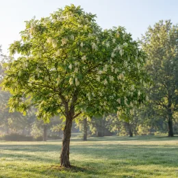 Robinier faux-acacia pusztavacs 'Pusztavacs' (Robinia pseudoacacia) — arbre isolé en fleurs sur pelouse · Photo d'illustration