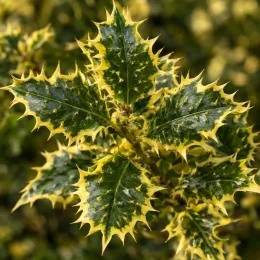 Houx hérisson 'Ferox aurea' (Ilex aquifolium) — gros plan sur feuilles épineuses marginées de jaune · Photo d'illustration