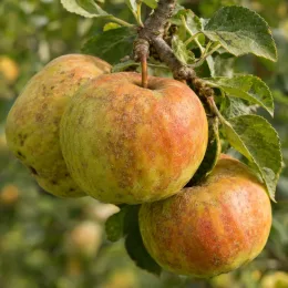Pommier 'Sainte germaine' (Malus domestica) — gros plan de trois pommes bicolores sur branche