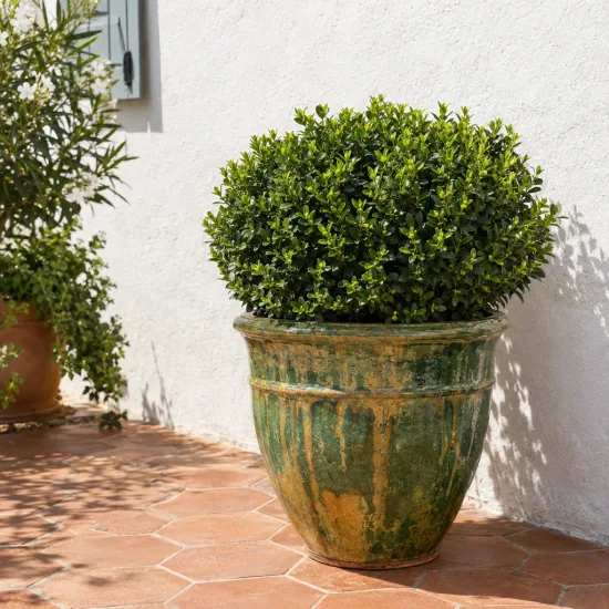 Fusain du japon 'Jean hugues' (Euonymus japonicus) — buisson dense arrondi dans grand pot vernissé · Photo d'illustration