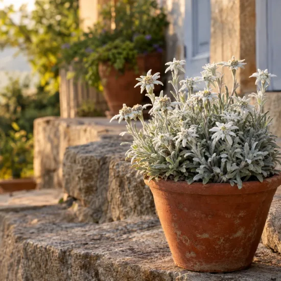 Edelweiss blanc (Leontopodium alpinum) — plante en pot sur des marches en pierre · Photo d'illustration