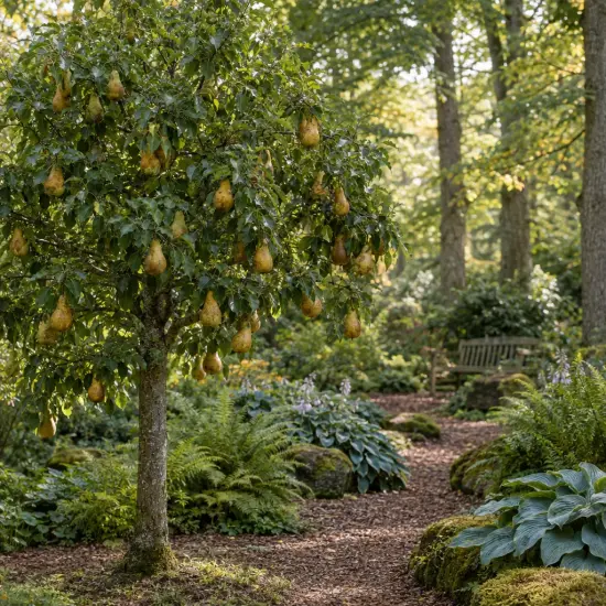 Poirier 'Abate fetel' (Pyrus communis) — arbre fruitier chargé de poires dans jardin