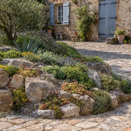 Joubarbe pineapple paradise 'Chick charms pineapple paradise' (Sempervivum) — massif de rocailles fleuries devant maison en pierre · Photo d'illustration