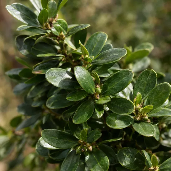 Azalée japonaise 'Steren purple' (Azalea japonica) — gros plan de feuillage vert dense et luisant · Photo d'illustration