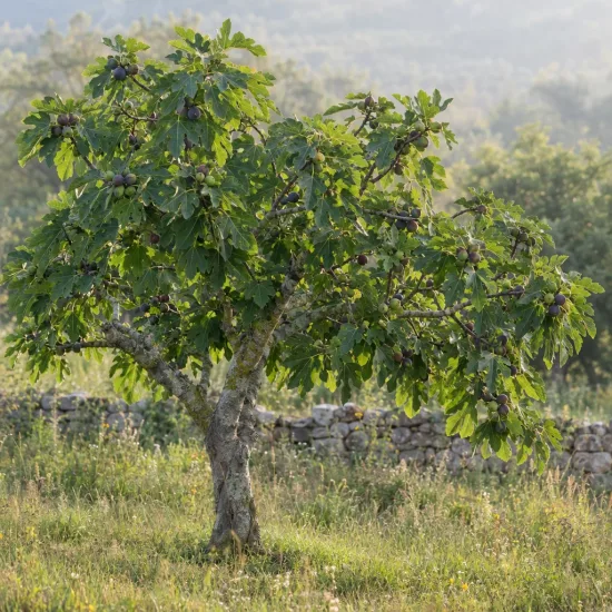Figuier 'Violette d'argenteuil' (Ficus carica) — arbre isolé couvert de fruits dans un pré · Photo d'illustration
