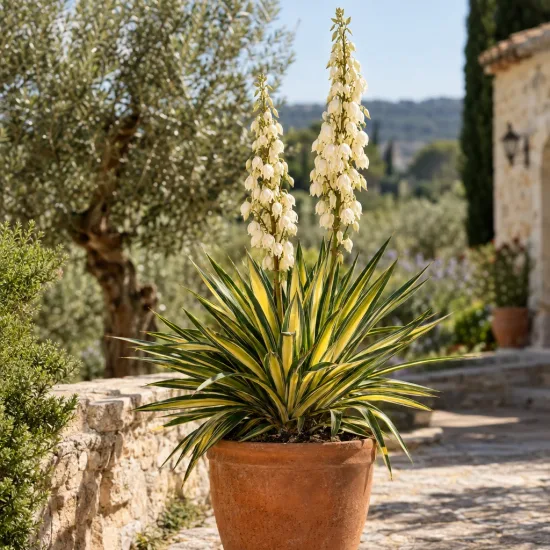Yucca 'Golden sword' (Yucca flaccida) — plante graphique en pot sur terrasse ensoleillée · Photo d'illustration