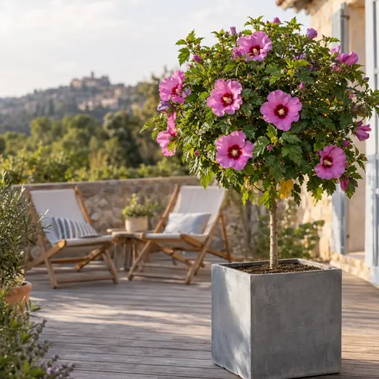 Althéa 'Walberton's lunar eclipse' (Hibiscus syriacus) — arbuste sur tige en pot carré sur terrasse