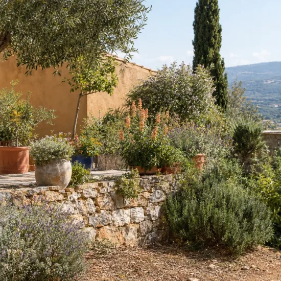Digitale de madère 'Isob007' (Isoplexis canariensis) — massif de vivaces fleuries sur terrasse en pierre · Photo d'illustration