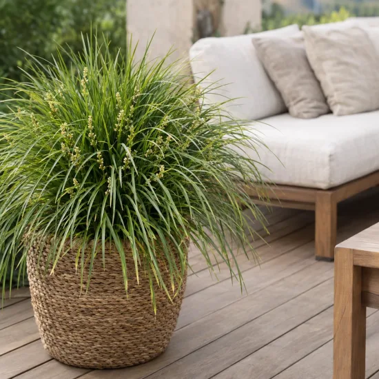 Lomandra 'Tanika' (Lomandra longifolia) — touffe dense de feuillage vert sur terrasse · Photo d'illustration