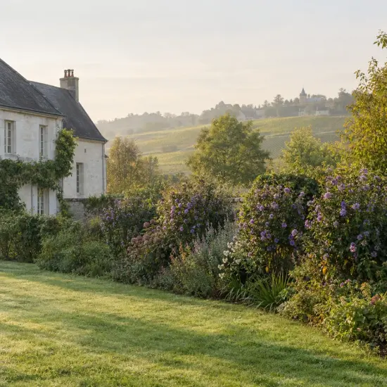 Althéa 'French cabaret purple' (Hibiscus syriacus) — massif d'arbustes fleuris violets le long d'une maison