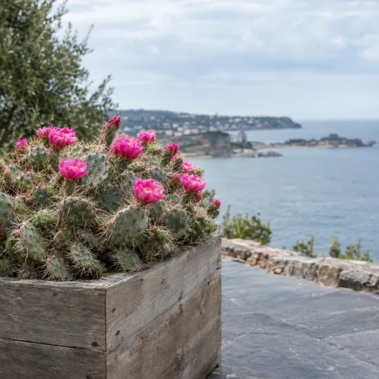 Cactée 'Hamburg' (Opuntia hystricina) — cactée fleurie en bac bois sur terrasse côtière
