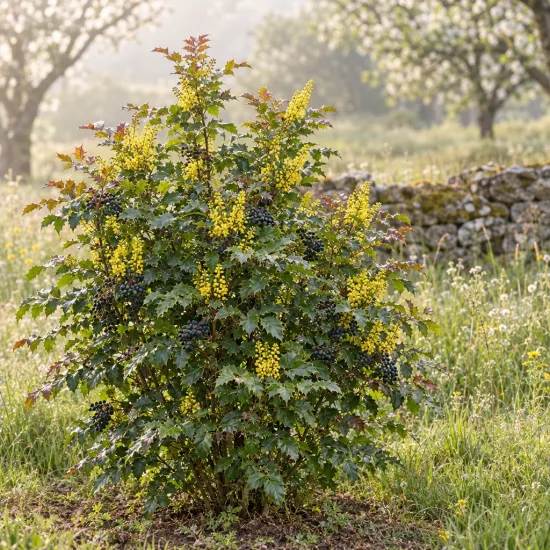 Mahonia (Mahonia aquifolium) — arbuste épineux isolé avec grappes jaunes et baies · Photo d'illustration
