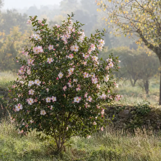 Camélia d'automne 'Narumi gata blanc' (Camellia sasanqua) — arbuste fleuri isolé dans un jardin champêtre · Photo d'illustration