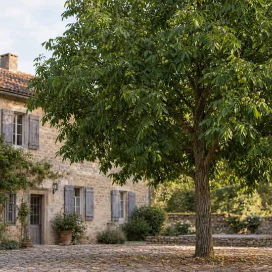 Noyer hybride 'Ng23 lataule' (Juglans nigra) — grand arbre isolé devant maison en pierre
