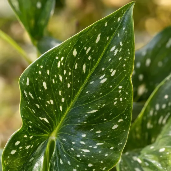 Calla jaune (Zantedeschia elliottiana) — gros plan de feuille verte tachetée