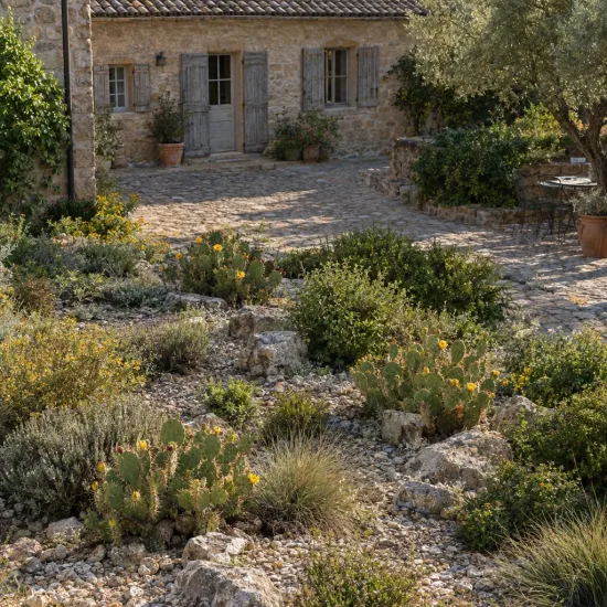 Cactée (Opuntia × curvispina) — massif de cactus et vivaces devant maison en pierre