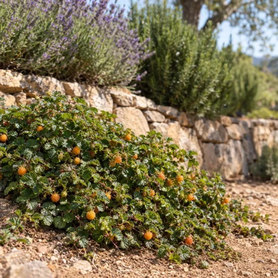Framboisier rampant de taïwan 'Emerald carpet' (Rubus pentalobus) — couvre-sol bas avec petits fruits orangés · Photo d'illustration
