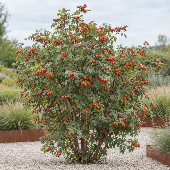 Rosier velu 'Karpatia' (Rosa villosa) — arbuste touffu couvert de nombreux petits fruits colorés · Photo d'illustration