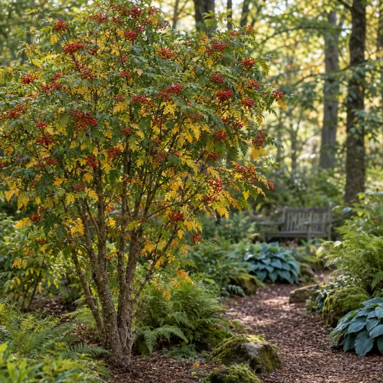Poivrier du sichuan (Zanthoxylum piperitum) — arbuste à baies rouges dans massif de sous-bois · Photo d'illustration