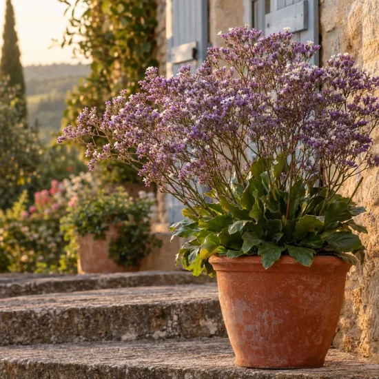 Statice (Limonium perezii) — plante fleurie en pot en terre sur marches · Photo d'illustration