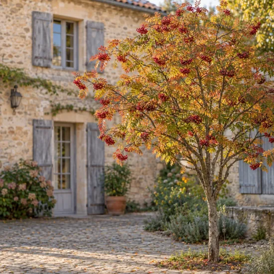 Sorbier hybride 'Granatnaja' (Sorbus × crataegosorbus) — arbre fruitier coloré devant une maison en pierre · Photo d'illustration
