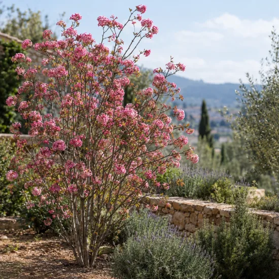 Viorne 'Aberconway' (Viburnum bodnantense) — arbuste fleuri près d'un muret en pierre · Photo d'illustration
