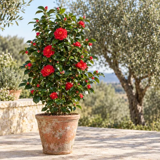Camélia du japon 'Blood of china rouge' (Camellia japonica) — arbuste à fleurs rouges en pot sur terrasse
