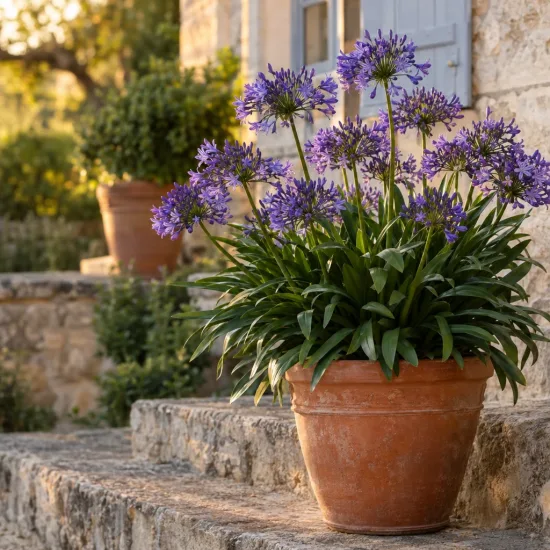 Agapanthe 'Pitchoune ® violet' (Agapanthus) — plante fleurie en pot sur marches en pierre · Photo d'illustration