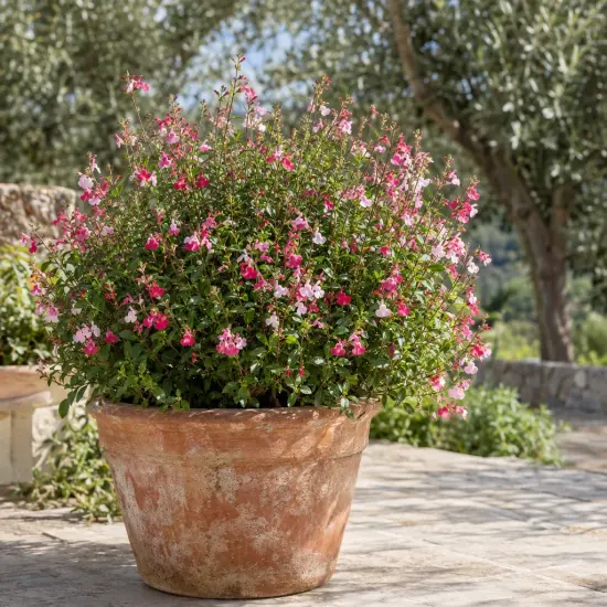 Sauge arbustive rose 'Icing sugar' (Salvia microphylla) — arbuste fleuri rose et blanc en pot