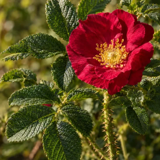 Rosier rugueux carmen 'Carmen' (Rosa rugosa) — fleur rouge ouverte avec cœur jaune vif · Photo d'illustration