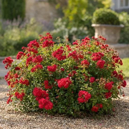 Rosier couvre-sol 'The fairy rood' (Rosa) — massif arrondi de petites roses rouges sur gravier · Photo d'illustration
