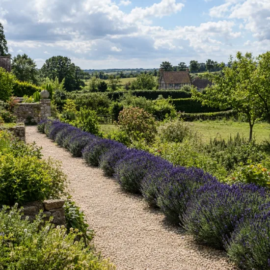 Lavande 'Hidcote' (Lavandula angustifolia) — massif de fleurs violettes bordant une allée · Photo d'illustration